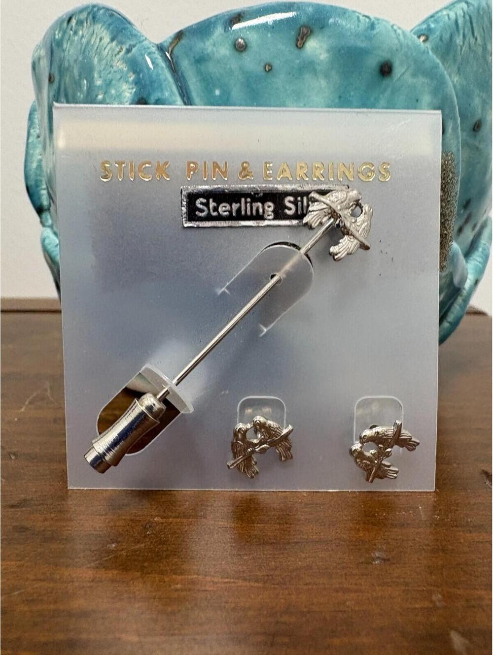 Vintage Silver Birds Lapel Stick Pin & Pierced Earrings Dainty Petite New